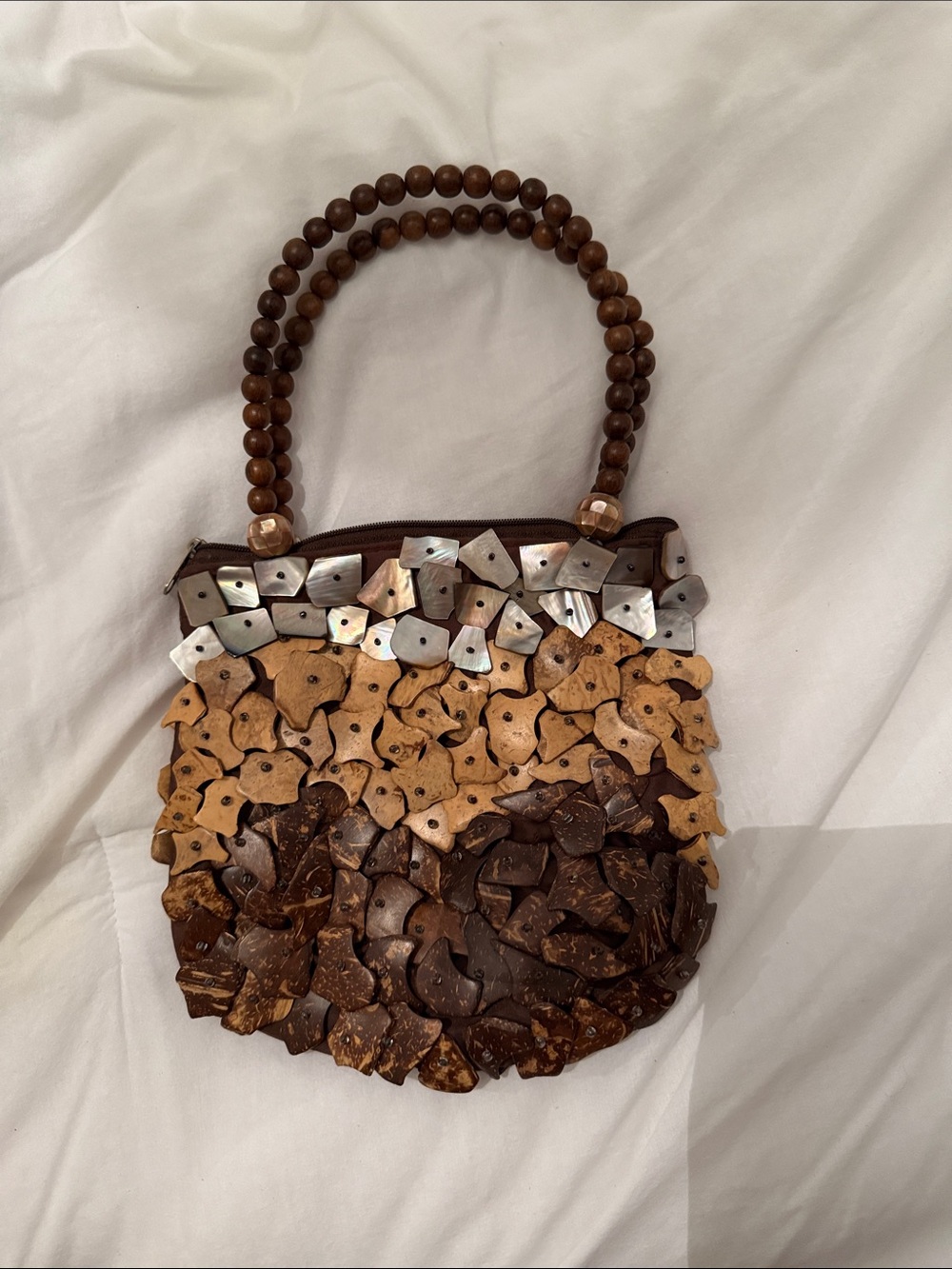 Handcrafted Beaded Wood Shell Accent Women’s Bag - Brown